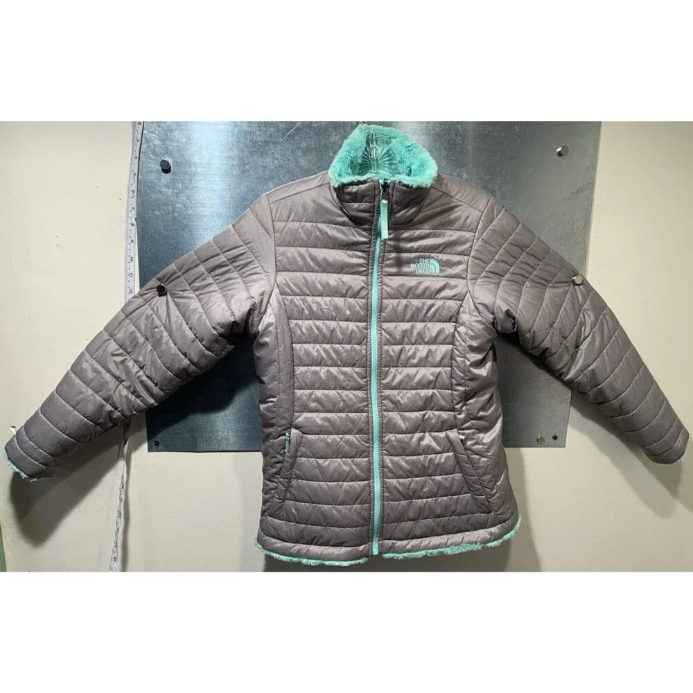 Reversible Jacket Sherpa/Puffer North Face Girls XL-18 Gray/Mint Mossbud Swirl